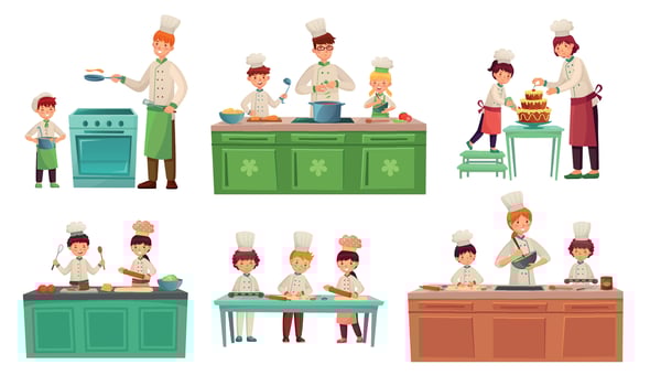 Cooks childrens. Kids baking or cooking food, chief children classes and cook with child vector illustration set