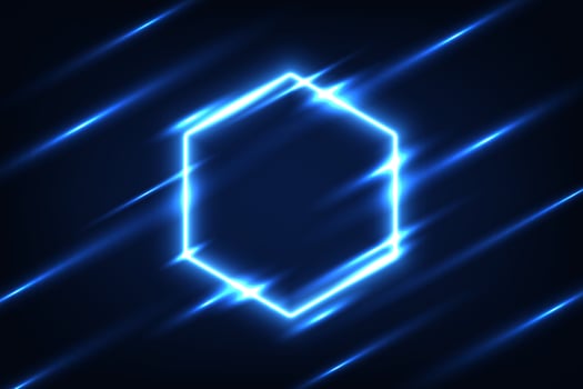 Vector hexagonal frame blue neon light on dark blue overlap design. Futuristic technology background.
