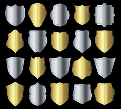 Shield silhouette. Retro crests frame, silver metal security shielding emblem and golden heraldic shields silhouettes vector set