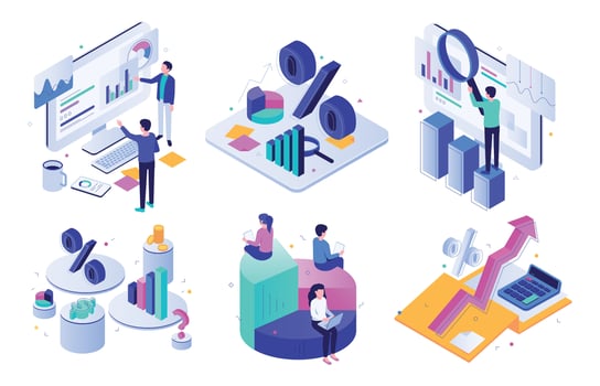 Financial audit. Budget graph, tax expert and business finance balance valuation isometric 3D vector illustration set