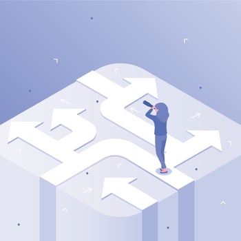 Business choices. Woman career decision, choosing different ways and crossroads of opportunity isometric vector concept illustration