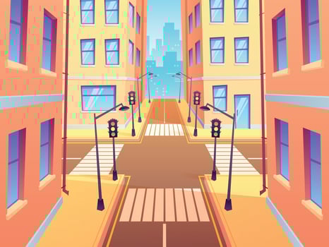City crossroad with crosswalk. Urban intersection traffic lights, town street crossroads and road junction cartoon vector illustration