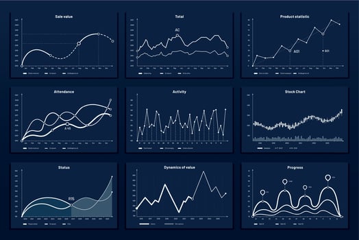Data graphic charts. Maths coordinates graph, growth chart graphics and business infographic graphs vector illustration set