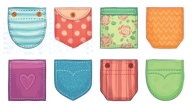 Color patch pockets. Comfort pocket patches with seam, denim patched pockets buttons and comfortable clothes accessories vector set