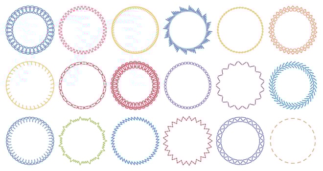 Sewing circle frames. Embroidered borders, stitched round frame and sew seams border pattern vector illustration set