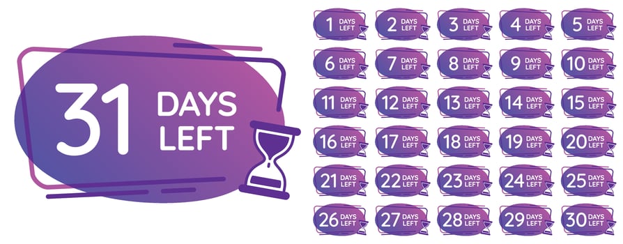 Days left badges. Day numbers countdown clock, hourglass counter reminder and sand clocks times badge vector illustration set
