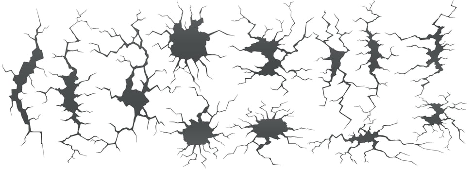 Dry cracks. Ground hole crack, cracked craquelure and damaged wall texture vector set