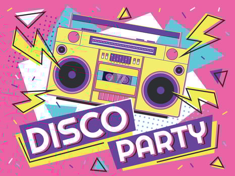 Disco party banner. Retro music poster, 90s radio and tape cassette player funky colorful design vector background illustration
