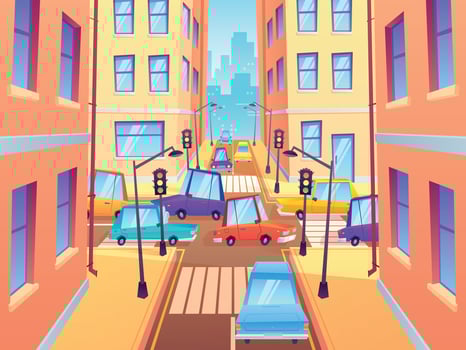 City crossroad with cars. Road traffic intersection, town street car jam and crosswalk with traffic lights cartoon vector illustration