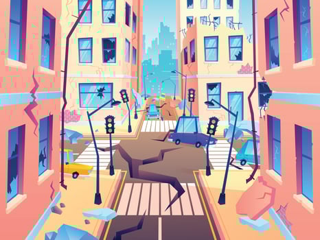 Damaged city street. Earthquake damage, cataclysm damages road destruction and destroyed urban crossroad cartoon vector illustration