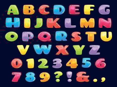 Color cartoon font. Chubby colored letters, fun kids games alphabet and funny child letter vector illustration set