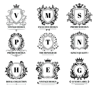 Royal shields badges. Vintage ornament luxury logo frame, retro ornamental shield sign and decorative ornaments badge vector set