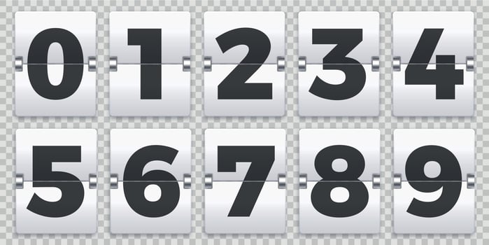 Flip numbers counter. Old mechanical countdown flips, retro scoreboard number sign and numeric counters vector set
