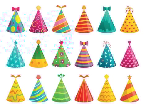 Cartoon birthday party caps. Funny celebration cap, holiday cone and colorful paper hat vector illustration set