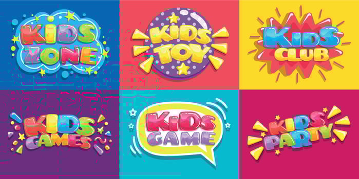 Kids club posters. Toys fun playing zone, children games party and play area poster vector illustration set