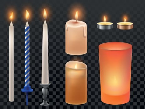 Realistic candle. Christmas holidays or birthday candles, flicker flaming wax and romantic fire flame. Candlelight isolated vector set
