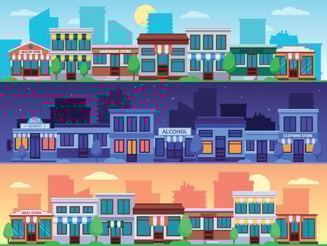 Shopping street. Small shop streets cityscape, city road with shops building and town retail store vector illustration set