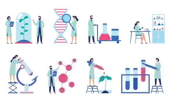 Research scientist. Science laboratory, chemistry scientists and clinical lab isolated flat vector illustration set