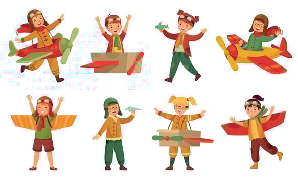 Kids in pilot costumes. Paper toy plane wings, adorable kids play with airplanes toys and child aircraft modeling vector set