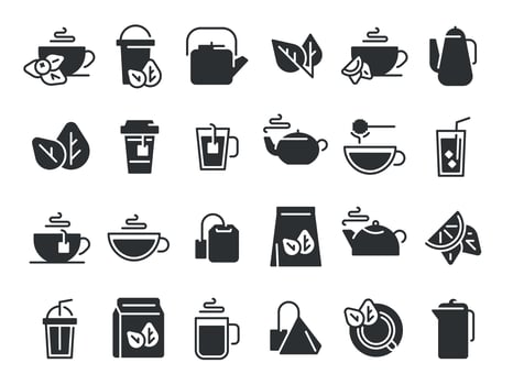 Black tea leaves icons. Hot drink cup, cold iced tea and teapot with steam pictogram icon vector set