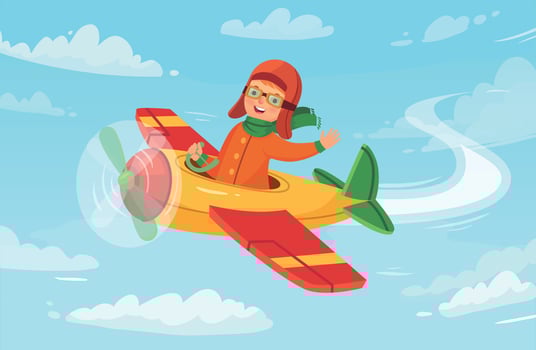 Cartoon kid pilot. Children aviator flying in airplane, little boy avia trip and airplane flight in sky vector illustration