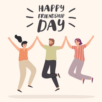 Happy friendship day card. Friendships celebration, happy friends standing together and embracing vector template illustration