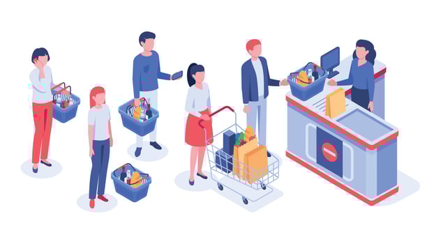 Isometric supermarket purchases. Buyers in line waiting, shoppers purchase and retail store cash register vector illustration