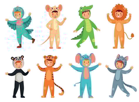 Cartoon baby animal costumes. Cute girl in panda costume, little boy in elephant suit and kids party mascot vector illustration set