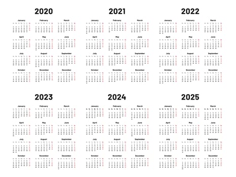Calendar grid. 2020 2021 and 2022 yearly calendars. 2023, 2024 years organizer and 2025 year weekdays vector illustration set
