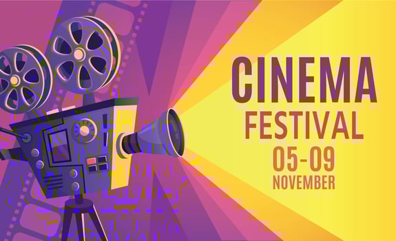 Cinema festival poster. Film billboard, retro movie camera and cinema projector cartoon vector illustration