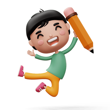 Happy child with pencil, cute boy cartoon character, 3d rendering png