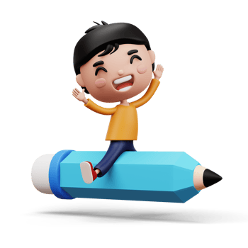 Happy child with pencil, cute boy cartoon character, 3d rendering png
