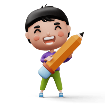 Happy child with pencil, cute boy cartoon character, 3d rendering png