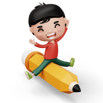 Happy child with pencil, cute boy cartoon character, 3d rendering png
