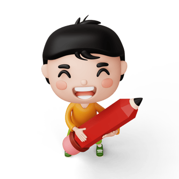 Happy child with pencil, cute boy cartoon character, 3d rendering png