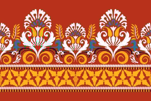 Ikat floral paisley embroidery on red background.Ikat ethnic oriental pattern traditional.Aztec style abstract vector illustration.design for texture,fabric,clothing,wrapping,decoration,sarong,scarf.