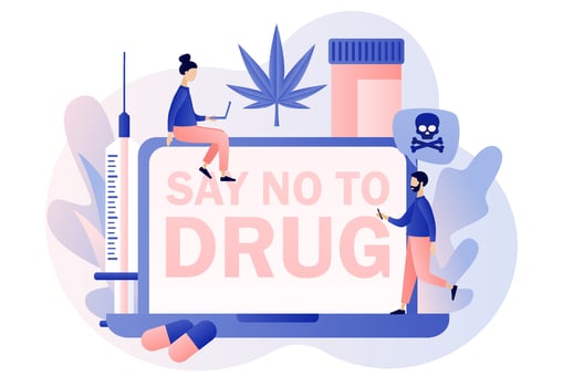 International day against drug abuse. Say no to drug. Problem addiction. Addiction treatment, narcotic addict medication. Modern flat cartoon style. Vector illustration on white background
