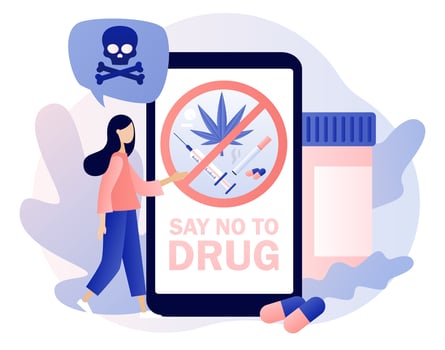 International day against drug abuse. Say no to drug. Addiction treatment, narcotic addict medication. Problem addiction. Modern flat cartoon style. Vector illustration on white background