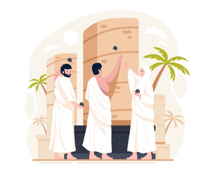 Islamic Hajj Pilgrimage. Muslim pilgrims throw stones at the devil pillar or Jamarat walls. One of Islam's sacred pilgrimage steps vector