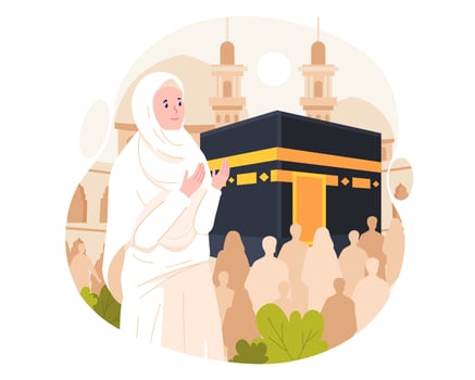 Islamic Hajj Pilgrimage. A Muslim woman wears ihram clothes with a Kaaba background. Vector illustration in flat style