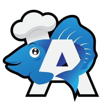 letter a fish logo or icon design with blue and white color for restaurant branding vector