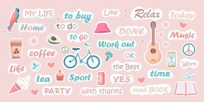 Set of sticker words for planner journal diary school notebook scrapbook and weekly calendar. Vector illustration.