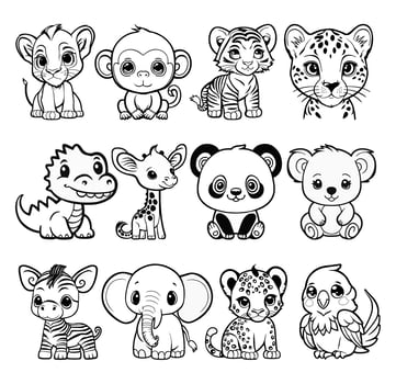 Black and White Cartoon Jungle Animals vector