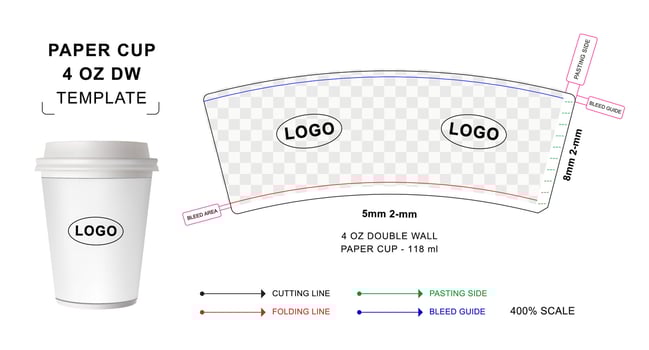 Paper cup die cut template for 4 oz Double Wall, Hot drink paper cup mockup, paper cup curved template vector
