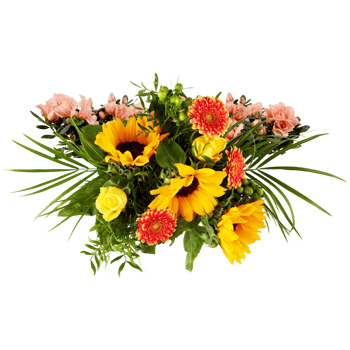 bouquet of sunflowers blooming on palm leaves isolated on transparent background png