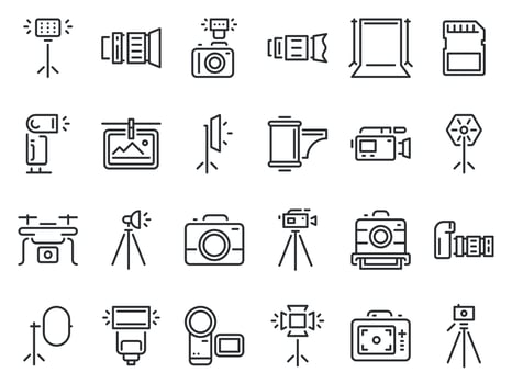 Outline photo icons. Photography studio light, film cameras and camera on tripod line icon vector set