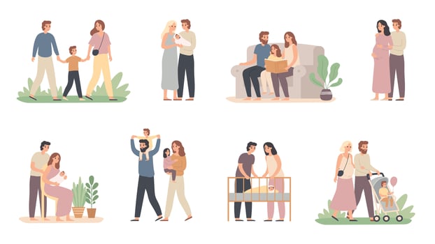 Parents and children. Young family with little baby, pregnant mom and father with son vector illustration set