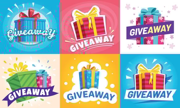 Giveaway winner poster. Gift offer banner, giveaways post and gifts prize flyer vector illustration set