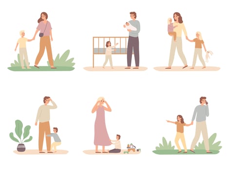 Parenthood problems. Crying child and tired parents, exhausted dad and kids want attention from mother vector illustration set