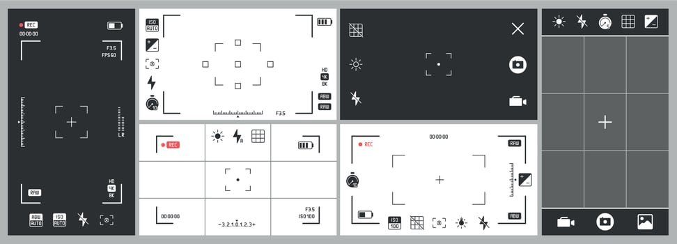 Photo camera viewfinder. Video recording, smartphone photography app ui and adjustment focus frame. Exposure settings vector set